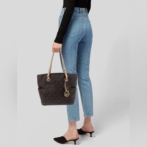 Michael Kors Dark Brown Signature Coated Canvas Leather Jet Set Monogram Tote